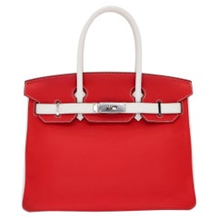 Hermès 30cm Birkin HSS Rouge Casaque/Clémence Blanc Cuir Palladium Hardware