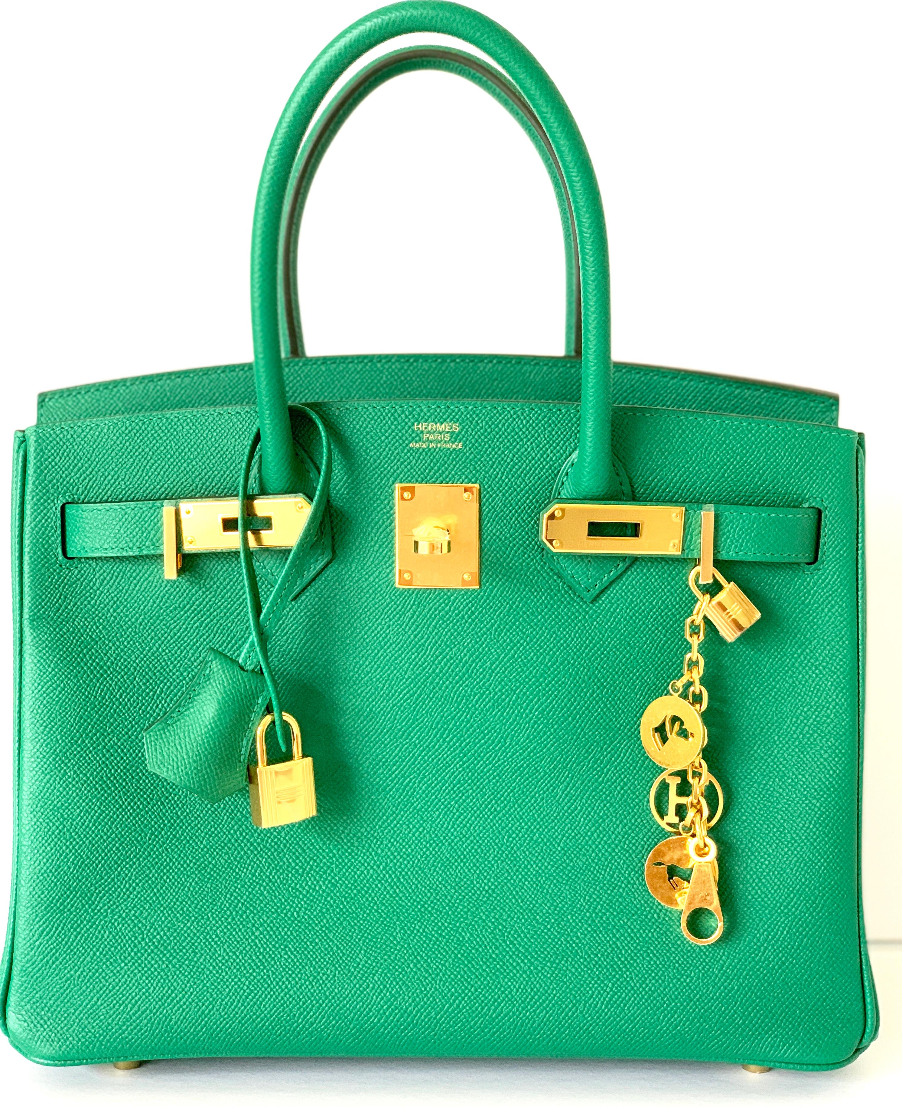 Hermes 30cm Birkin
Vert Vertigo Green, a beautiful emerald green jewel tone
Gold Hardware
Collection: D
The Breloque charms are not included in this auction!
Never worn, brand new, plastic on the hardware
Hermes Box, Dustcover, Lock and 2 keys,