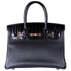 HERMES 30cm BLACK CROCODILE & CLEMENCE LEATHER WITH ROSE GOLD HARDWARE