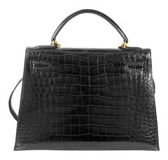 HERMES 32cm Crocodile Alligator Kelly Bag Noir