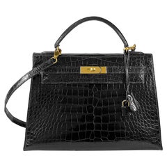 HERMES 32cm Crocodile Alligator Kelly Bag Noir