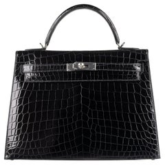 Hermès 32cm Kelly Sellier Black Shiny Nilo Palladium Hardware 2019