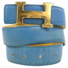 Vintage Hermès 32mm Blue x Yellow x Gold Reversible H Logo Belt Kit 862746