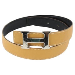 Hermès - Kit de ceinture réversible H 32 mm avec logo noir x marron x argent 105h3