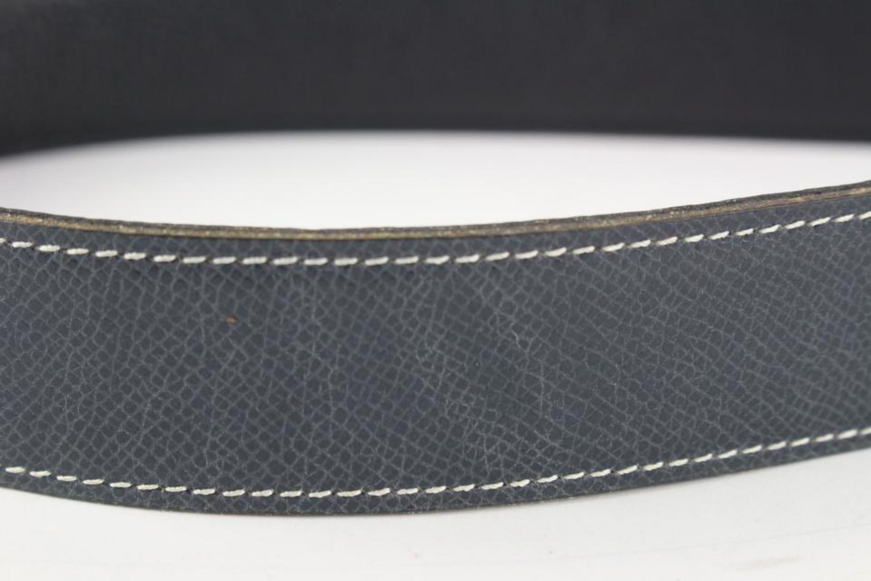 Kit ceinture 32mm réversible logo H Hermès Argent mat Noir x Bleu marine 114h47 Bon état - En vente à Dix hills, NY