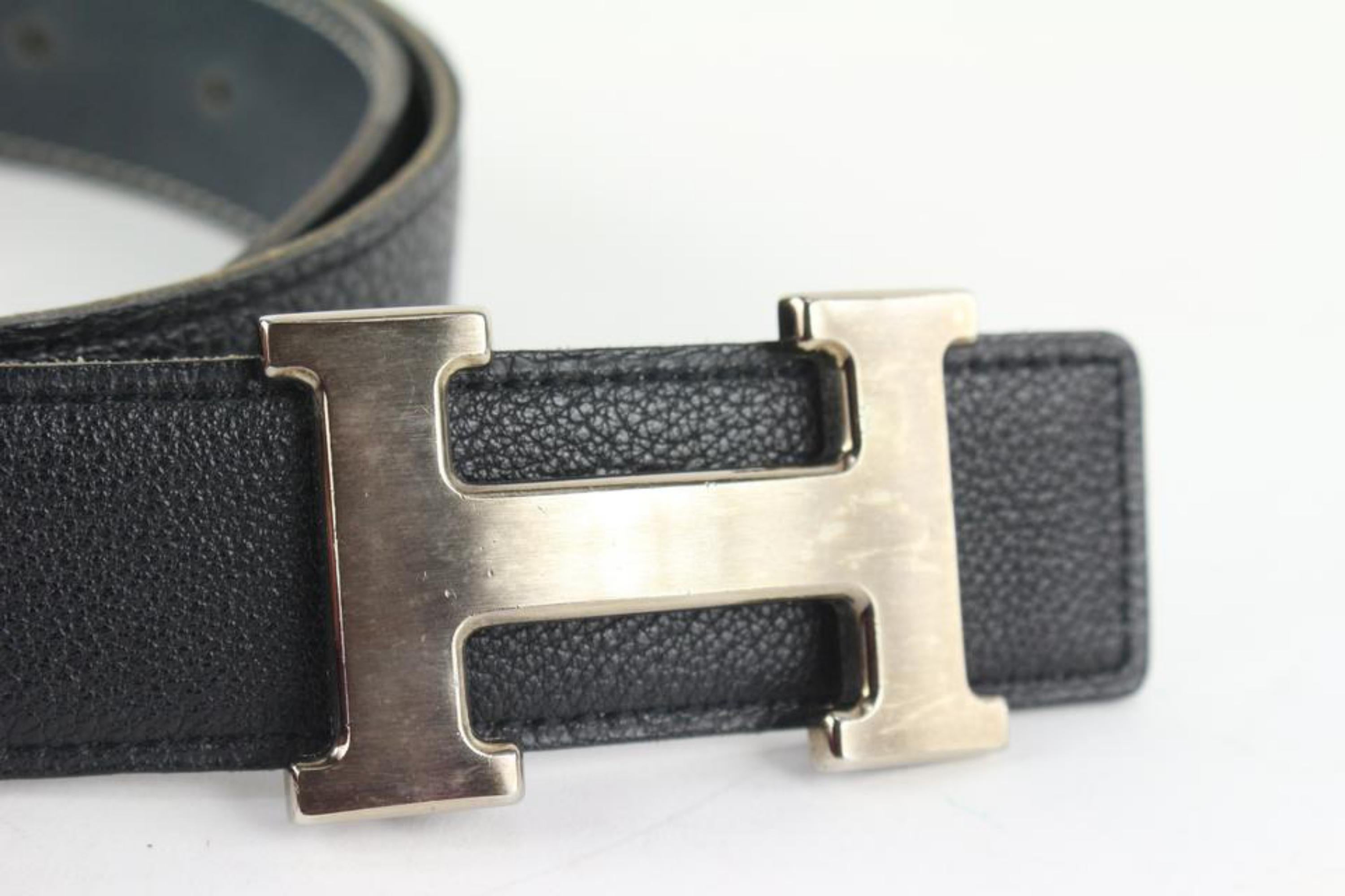 Kit ceinture 32mm réversible logo H Hermès Argent mat Noir x Bleu marine 114h47 en vente 1