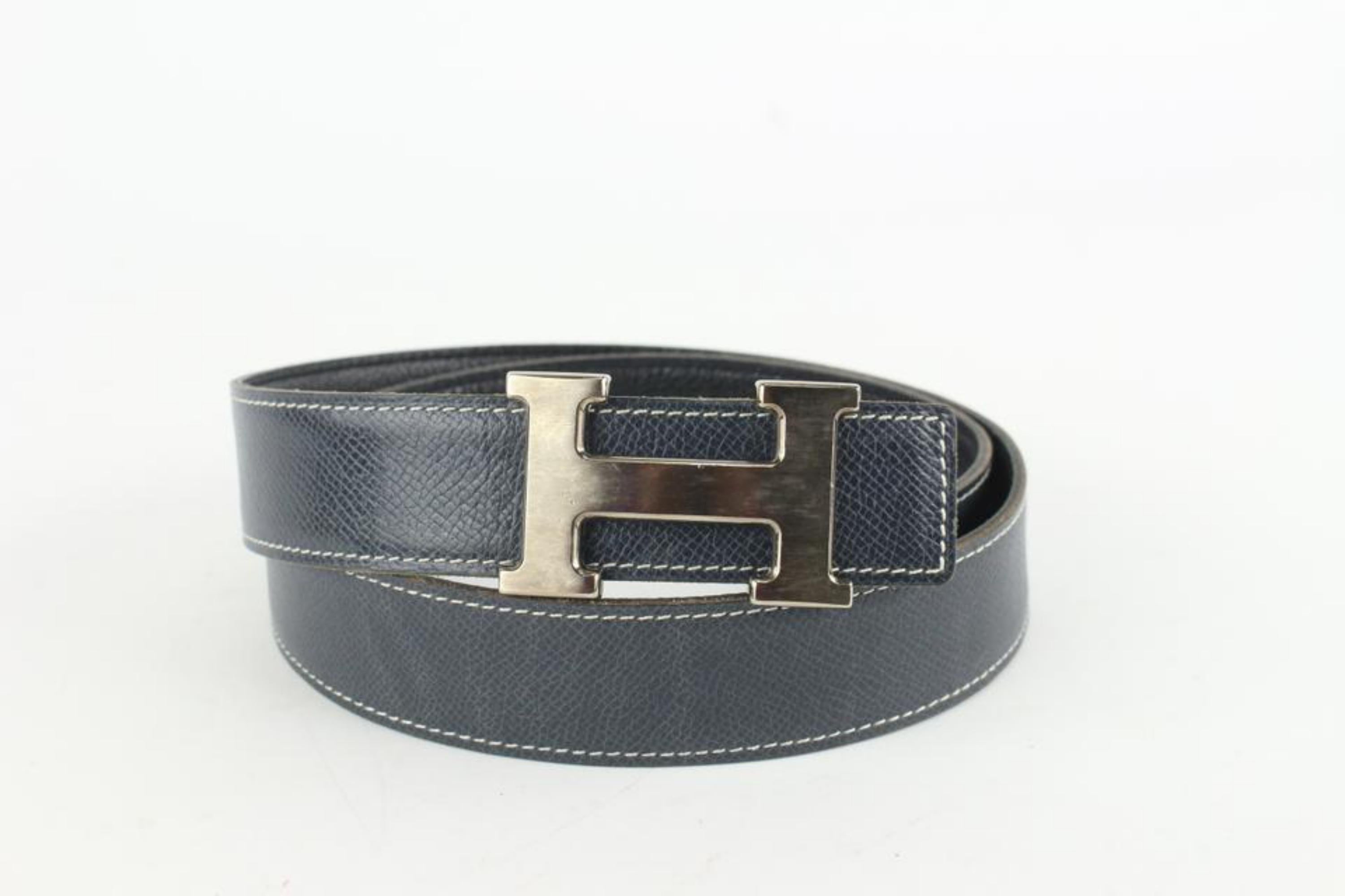 Kit ceinture 32mm réversible logo H Hermès Argent mat Noir x Bleu marine 114h47 en vente 2