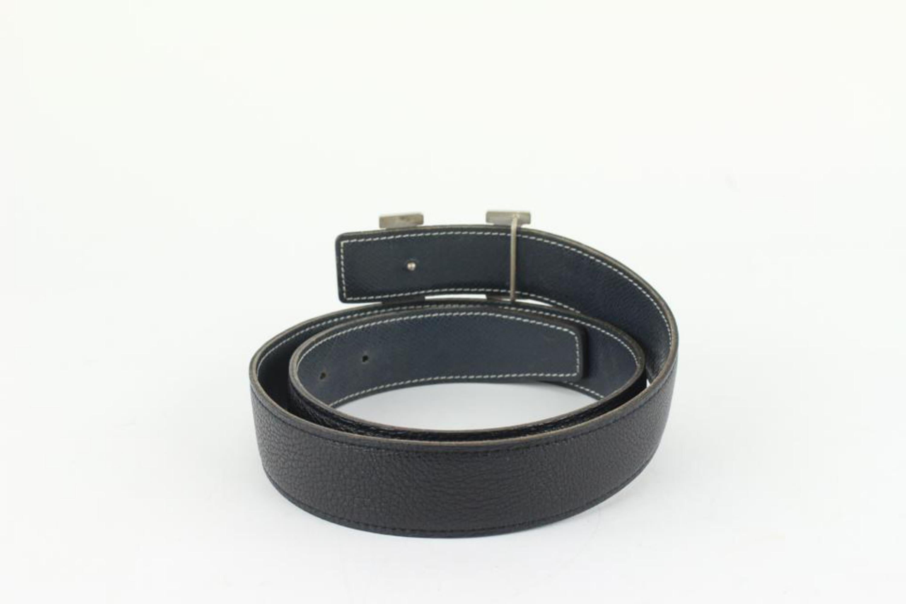 Kit ceinture 32mm réversible logo H Hermès Argent mat Noir x Bleu marine 114h47 en vente 4