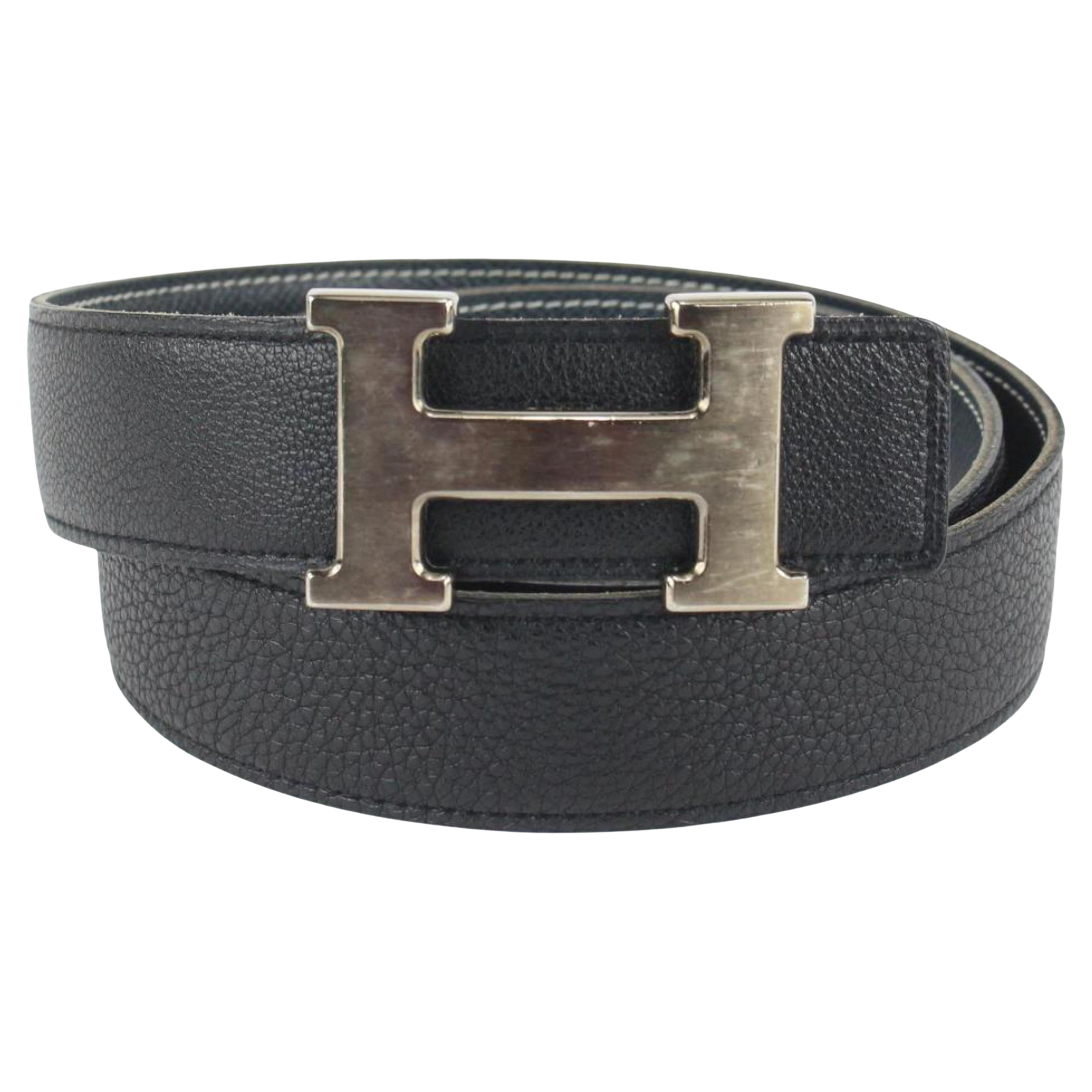 Kit ceinture 32mm réversible logo H Hermès Argent mat Noir x Bleu marine 114h47 en vente