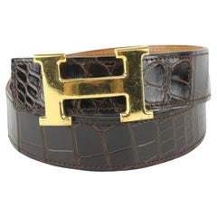 Hermès - Ceinture réversible 32 mm en crocodile de Havane avec logo H 222H1