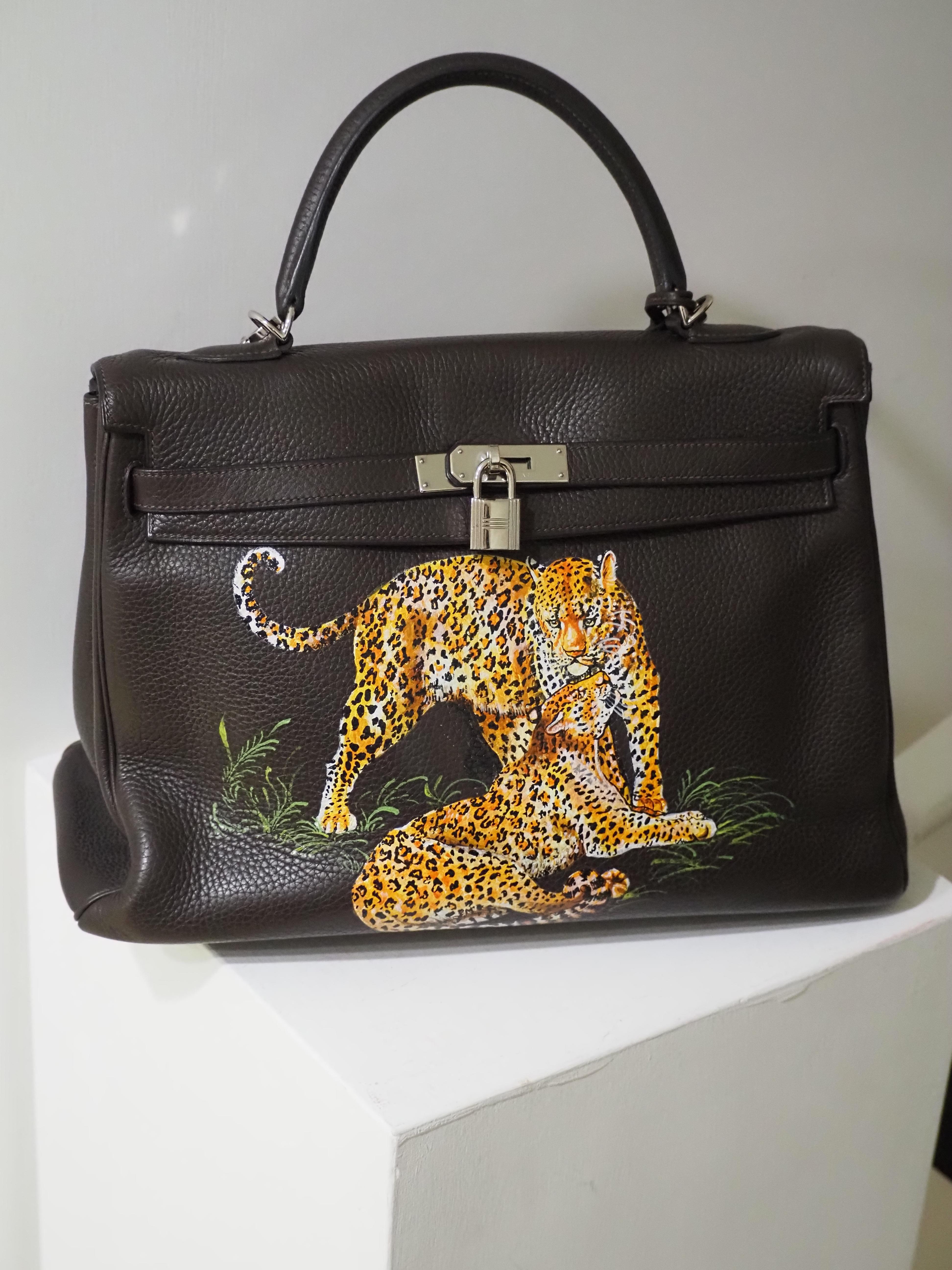 Black Hermès 35 Brown leather handpainted handbag shoulder bag