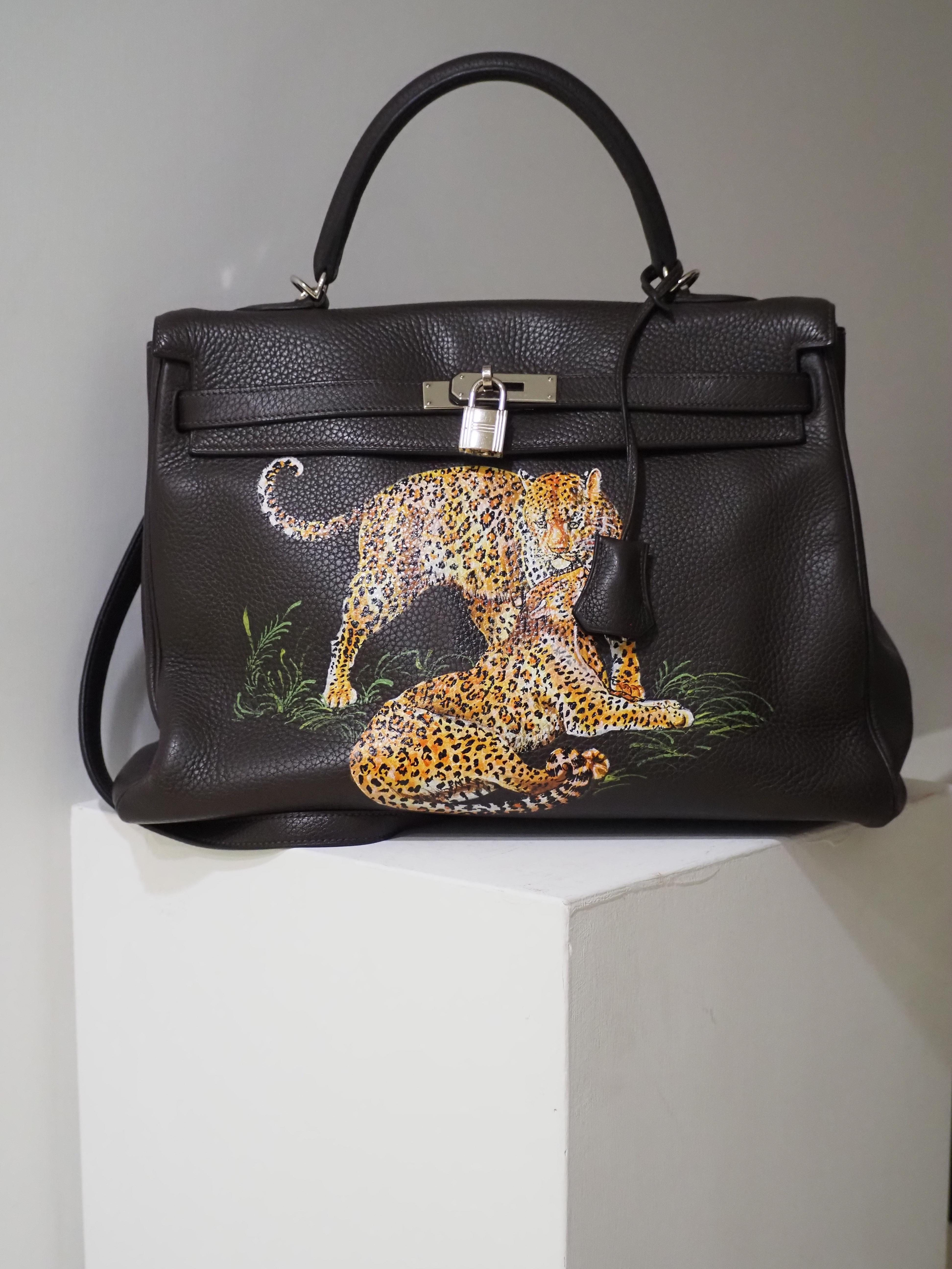Hermès 35 Brown leather handpainted handbag shoulder bag In Excellent Condition In Capri, IT