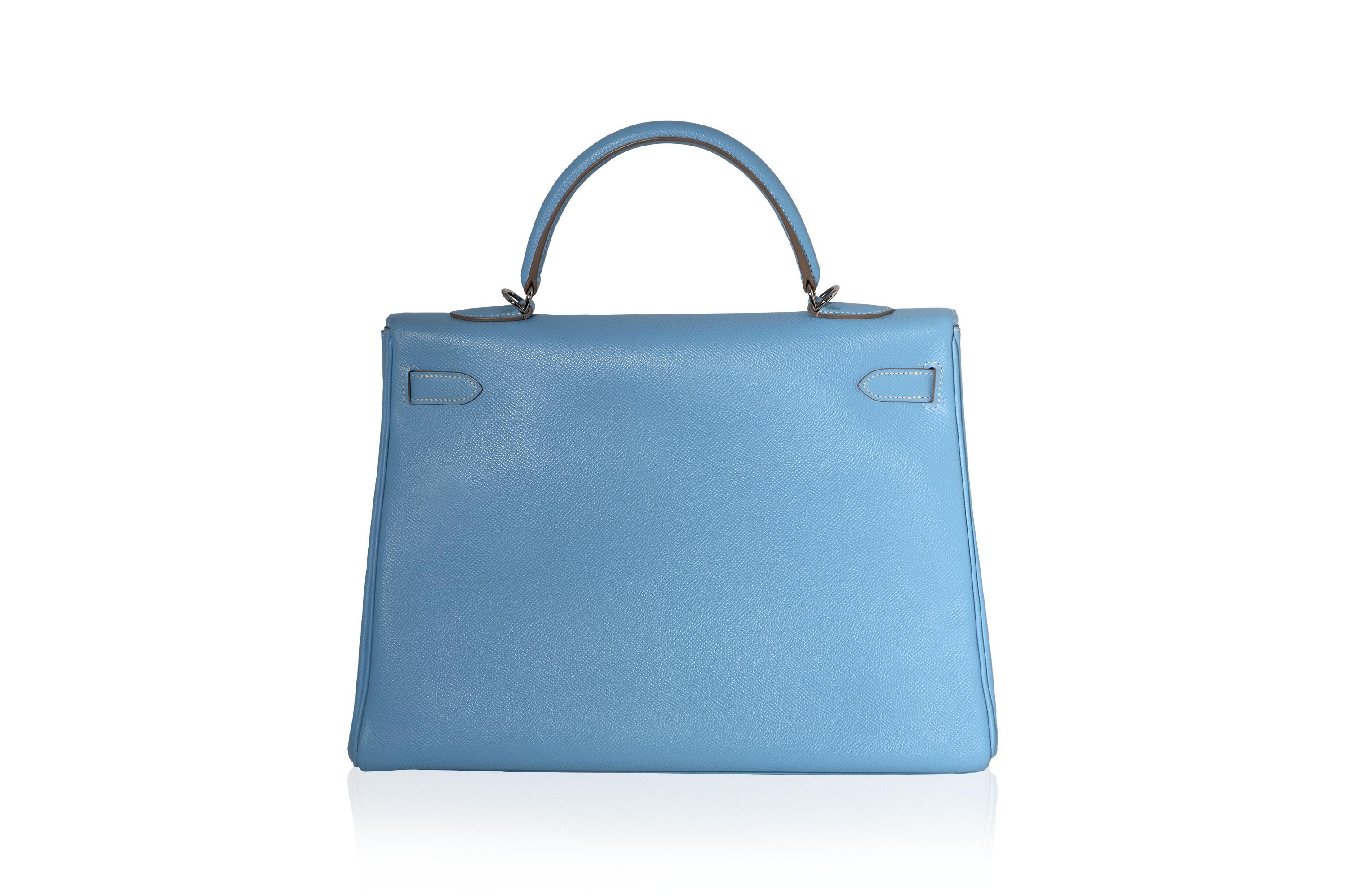 Hermès 35 Celeste Blue Epsom Leather PHW In Excellent Condition For Sale In London, GB