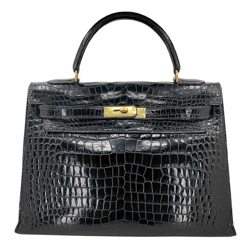 HERMES 35 cm Crocodile Black Kelly Bag In Good Condition In New York, NY
