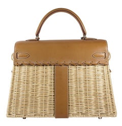 HERMES 35cm Barénia Fauvre Straw Kelly Picnic Bag Natural
