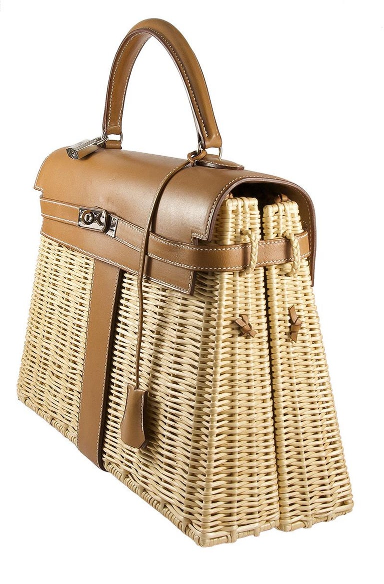 Brown HERMES 35cm Barénia Fauvre Straw Kelly Picnic Bag Natural For Sale