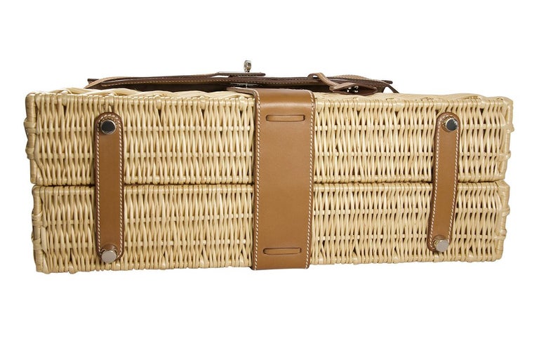 HERMES 35cm Barénia Fauvre Straw Kelly Picnic Bag Natural In Good Condition For Sale In New York, NY