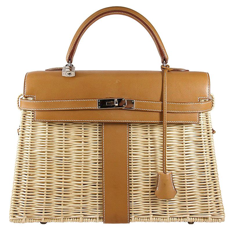 HERMES 35cm Barénia Fauvre Straw Kelly Picnic Bag Natural