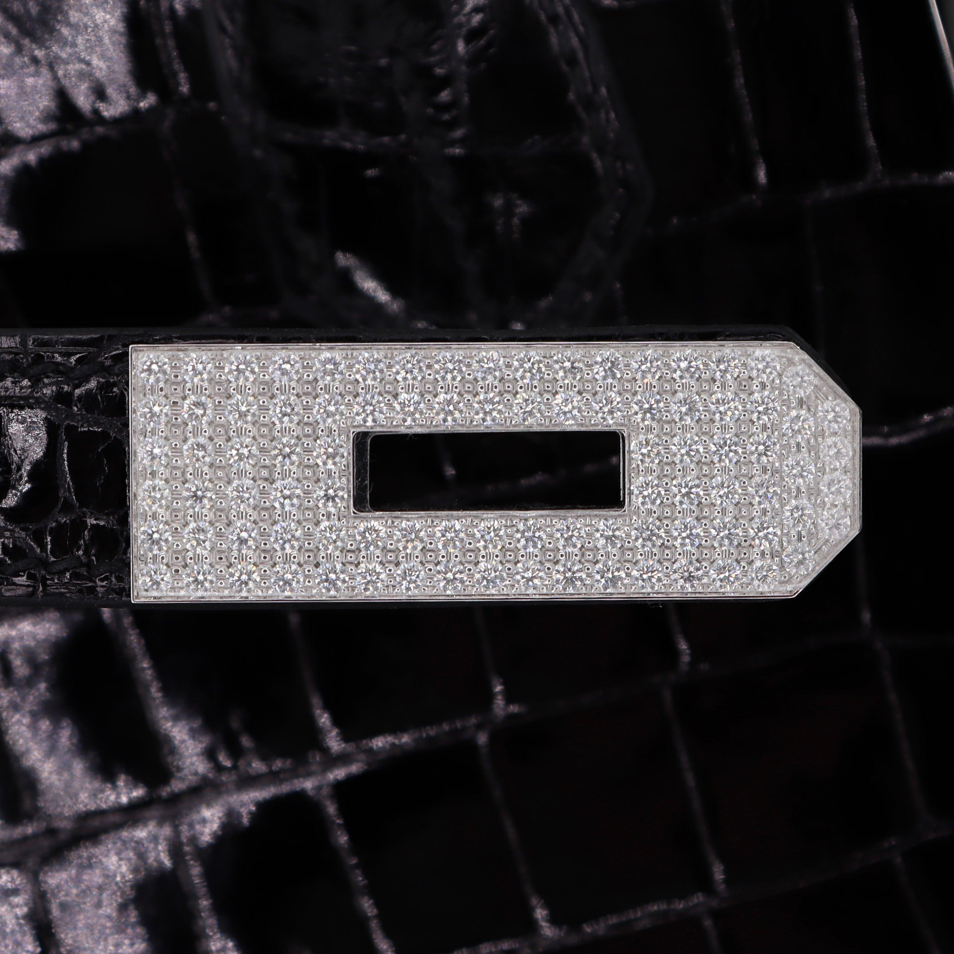Hermès 35cm Birkin Black Shiny Porosus Crocodile White Gold Diamond Hardware For Sale 9