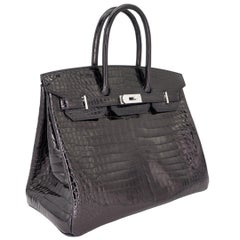 Hermès 35cm Birkin Black Shiny Porosus Crocodile White Gold Diamond Hardware