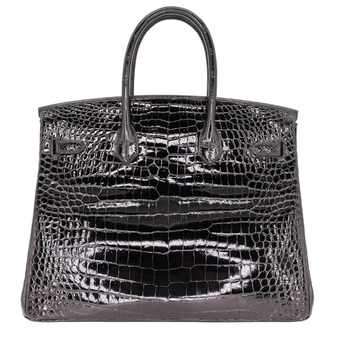 Hermès 35cm Birkin Black Shiny Porosus Crocodile White Gold Diamond Hardware In Excellent Condition For Sale In Santa Rosa Beach, FL