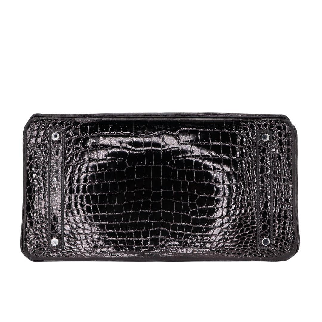 Women's Hermès 35cm Birkin Black Shiny Porosus Crocodile White Gold Diamond Hardware