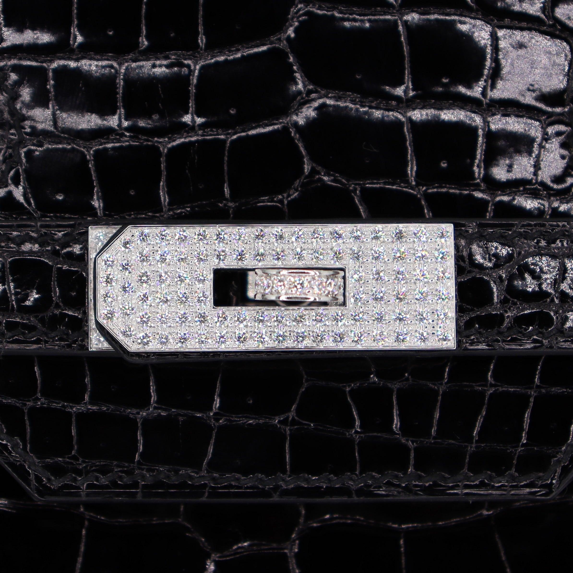 Hermès 35cm Birkin Black Shiny Porosus Crocodile White Gold Diamond Hardware For Sale 1