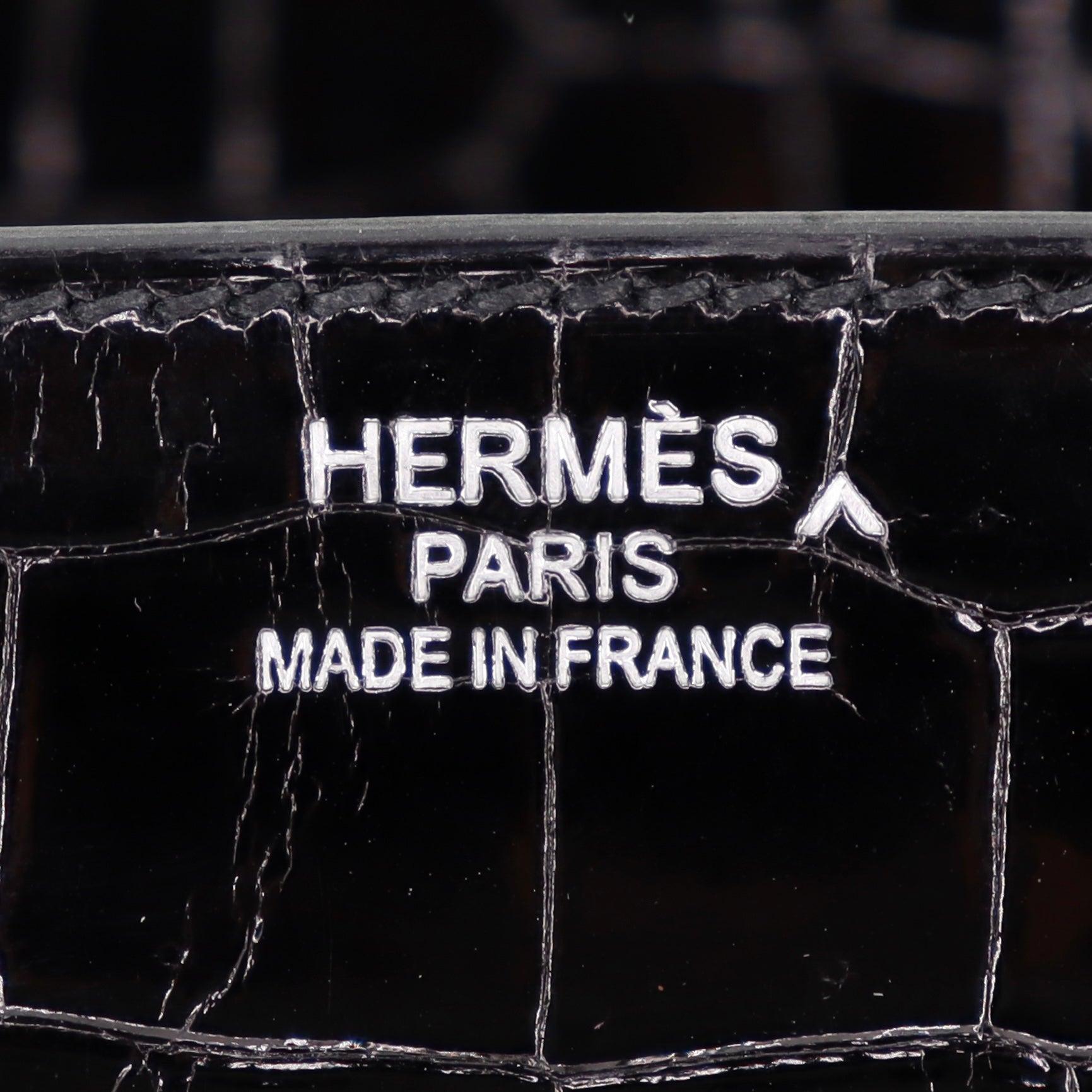 Hermès 35cm Birkin Black Shiny Porosus Crocodile White Gold Diamond Hardware For Sale 5