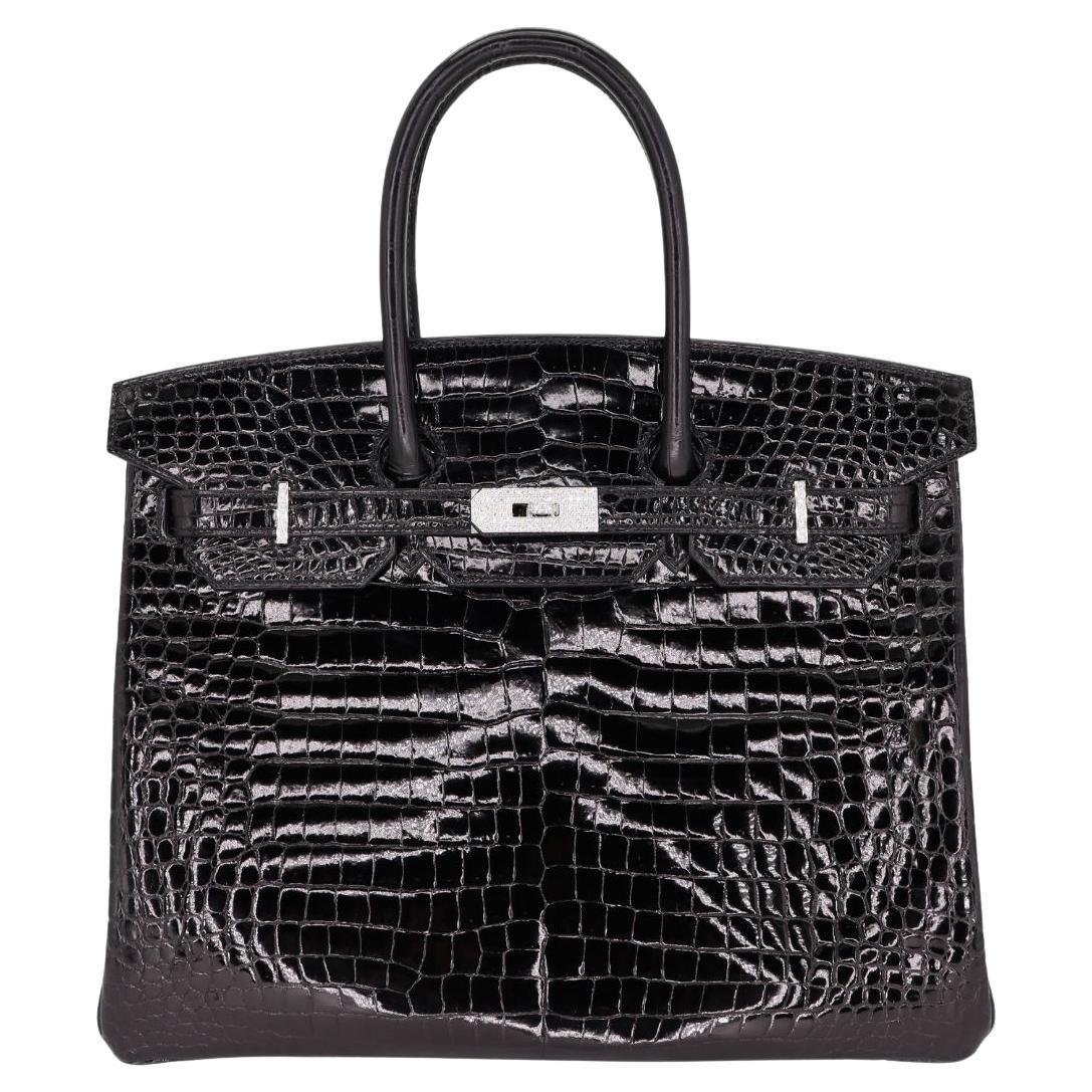 Hermès 35cm Birkin Black Shiny Porosus Crocodile White Gold Diamond Hardware For Sale