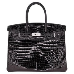 Hermès 35cm Birkin Noir Crocodile Porosus Brillant Or Blanc Diamant Hardware