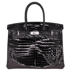 Hermès 35cm Birkin Schwarz Glänzend Porosus Krokodil Weißgold Diamant Hardware