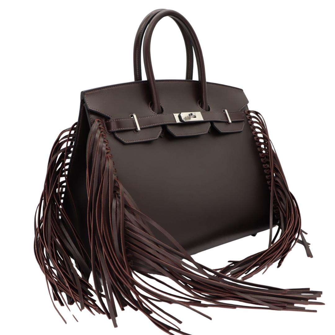 Black Hermès 35cm Birkin Sellier Anate Fringe Ebene Evergrain Palladium Hardware For Sale
