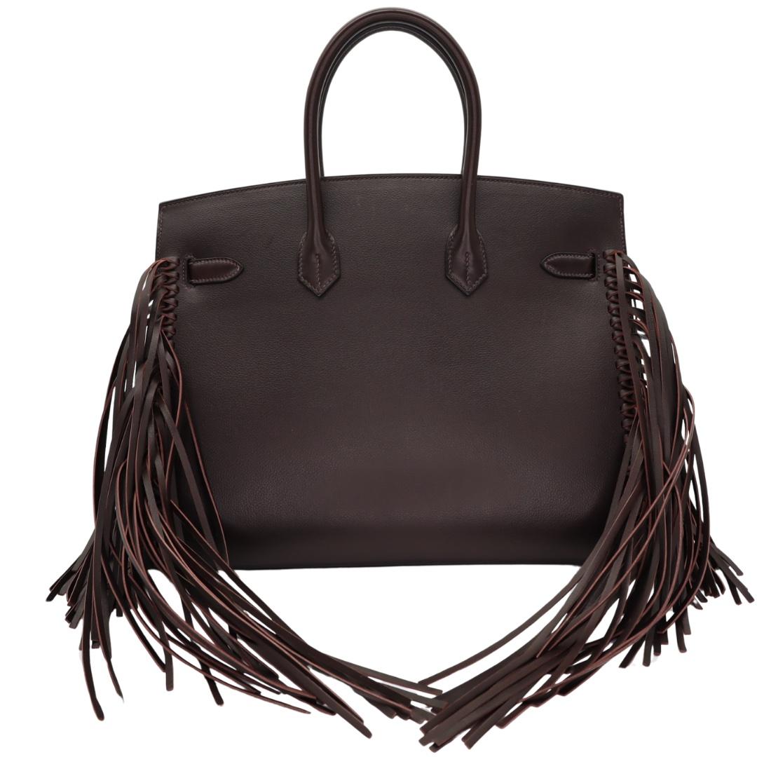 Women's Hermès 35cm Birkin Sellier Anate Fringe Ebene Evergrain Palladium Hardware For Sale