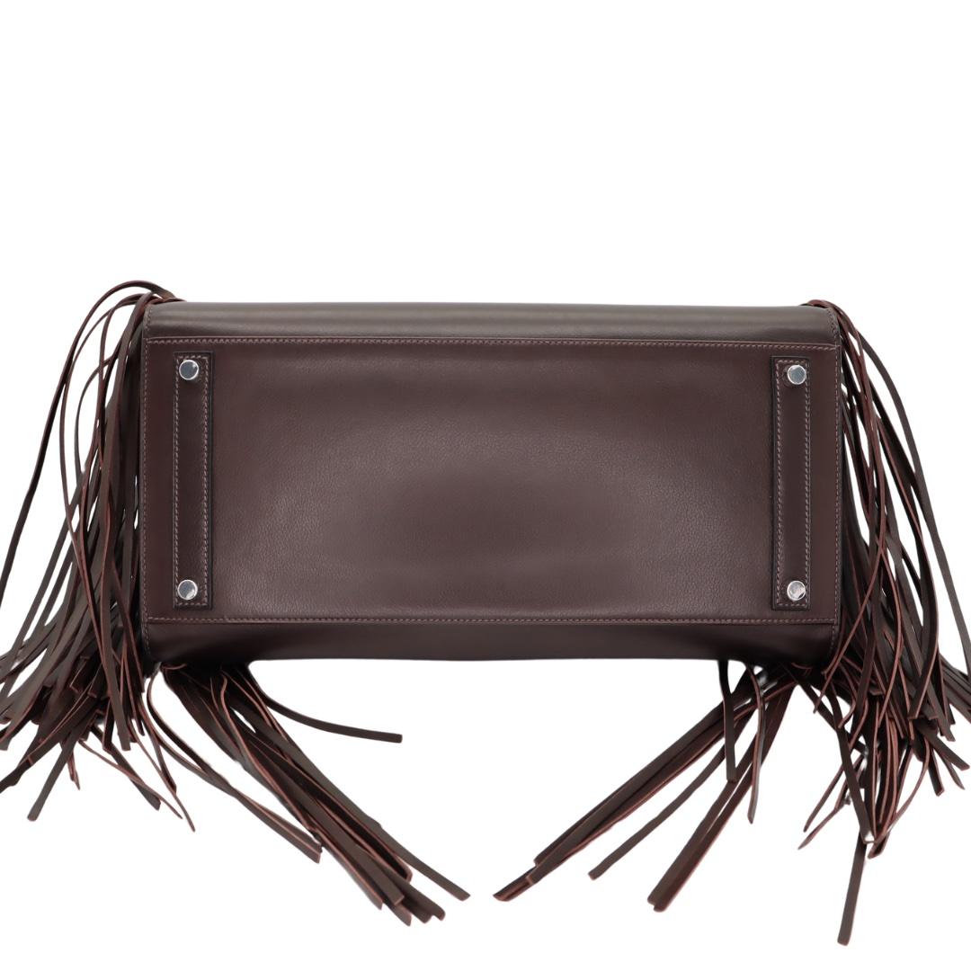 Women's Hermès 35cm Birkin Sellier Anate Fringe Ebene Evergrain Palladium Hardware For Sale