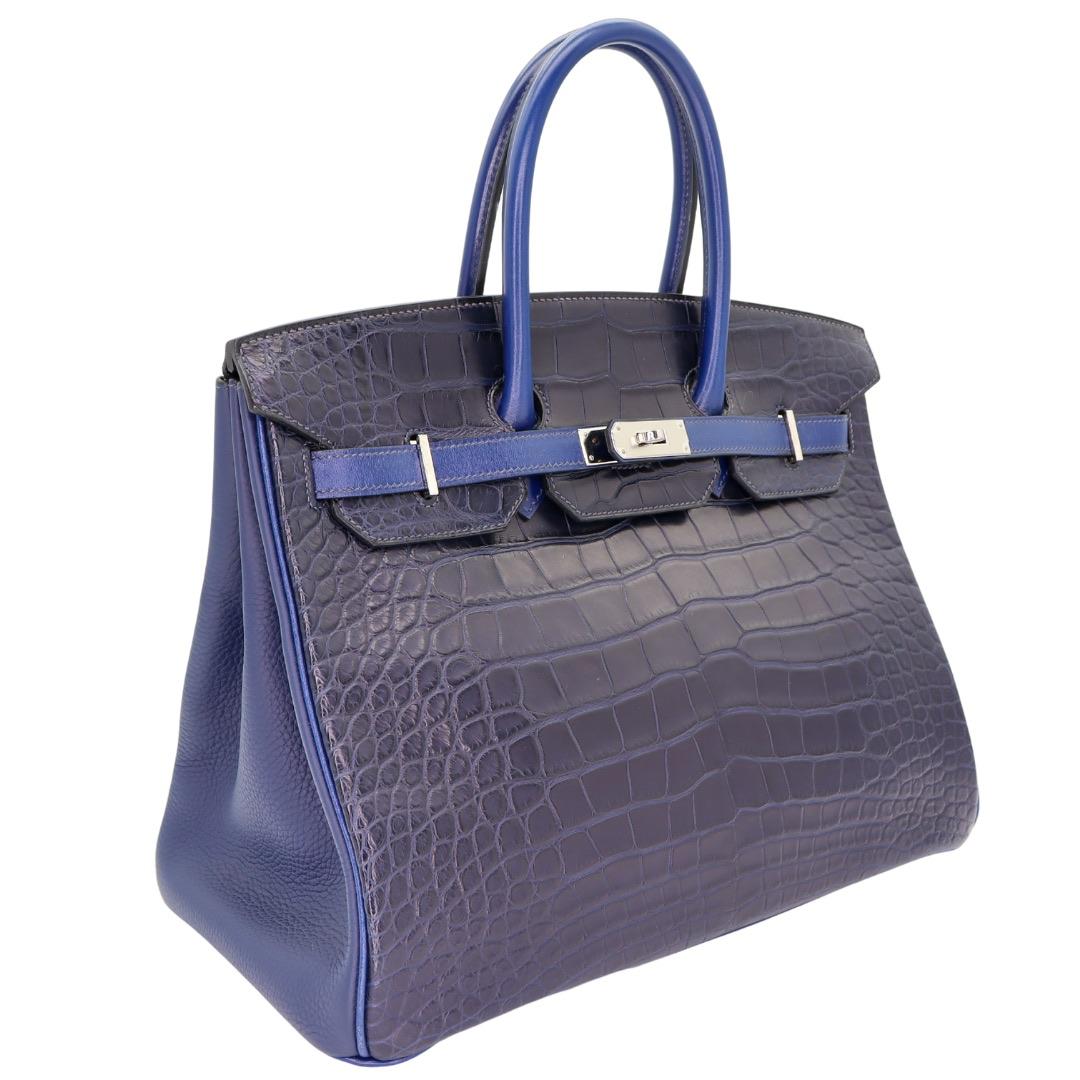 Brand: Hermès
Style: Birkin Tri-Leather
Size: 35cm
Color: Bleu Indigo
Material: Matte Alligator/Box Calf/Clemence Leather
Hardware: Palladium (PHW)
Dimensions: 13.75