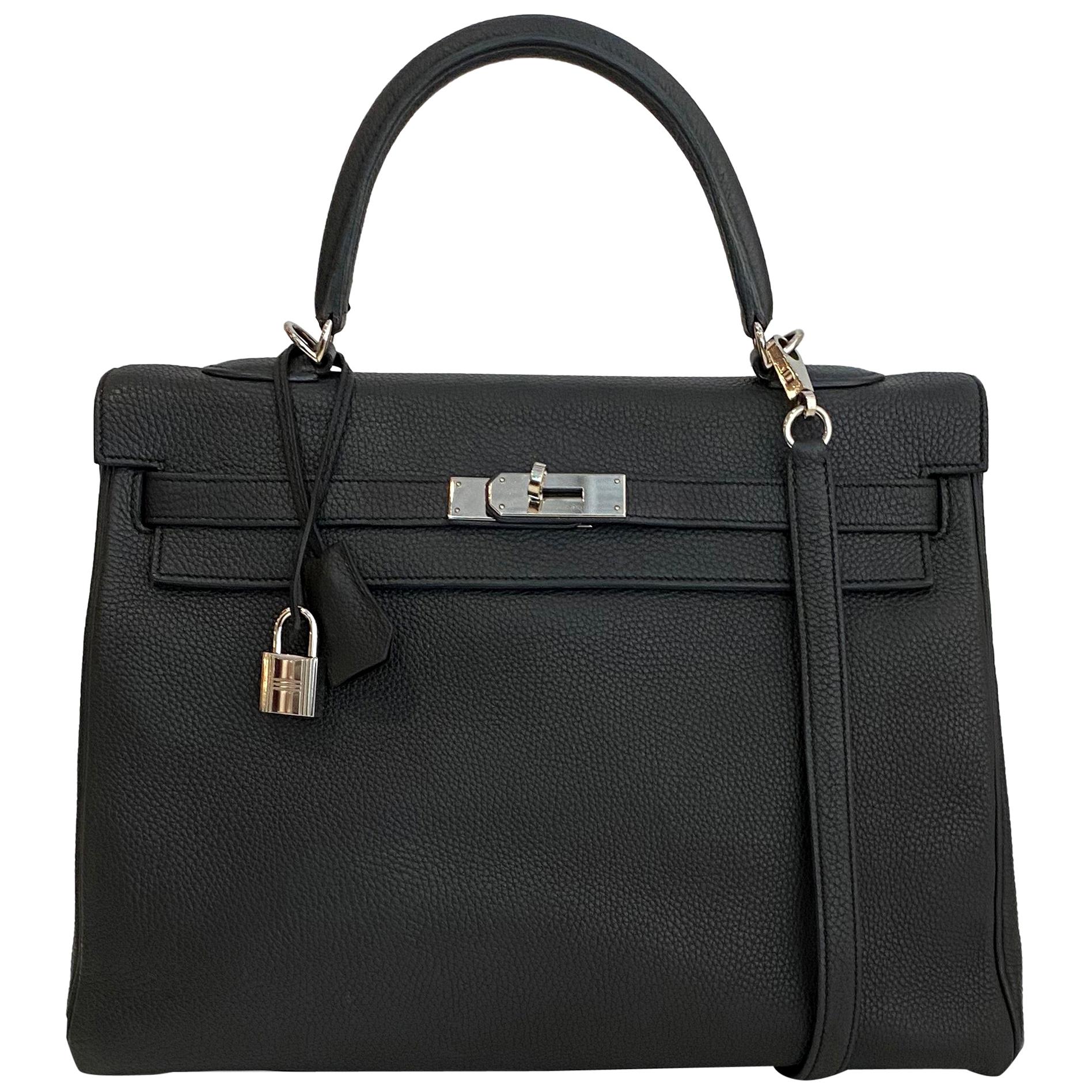 Hermes 35cm Black Togo Leather Kelly Bag w/ Palladium Hardware BOX/DUST BAG