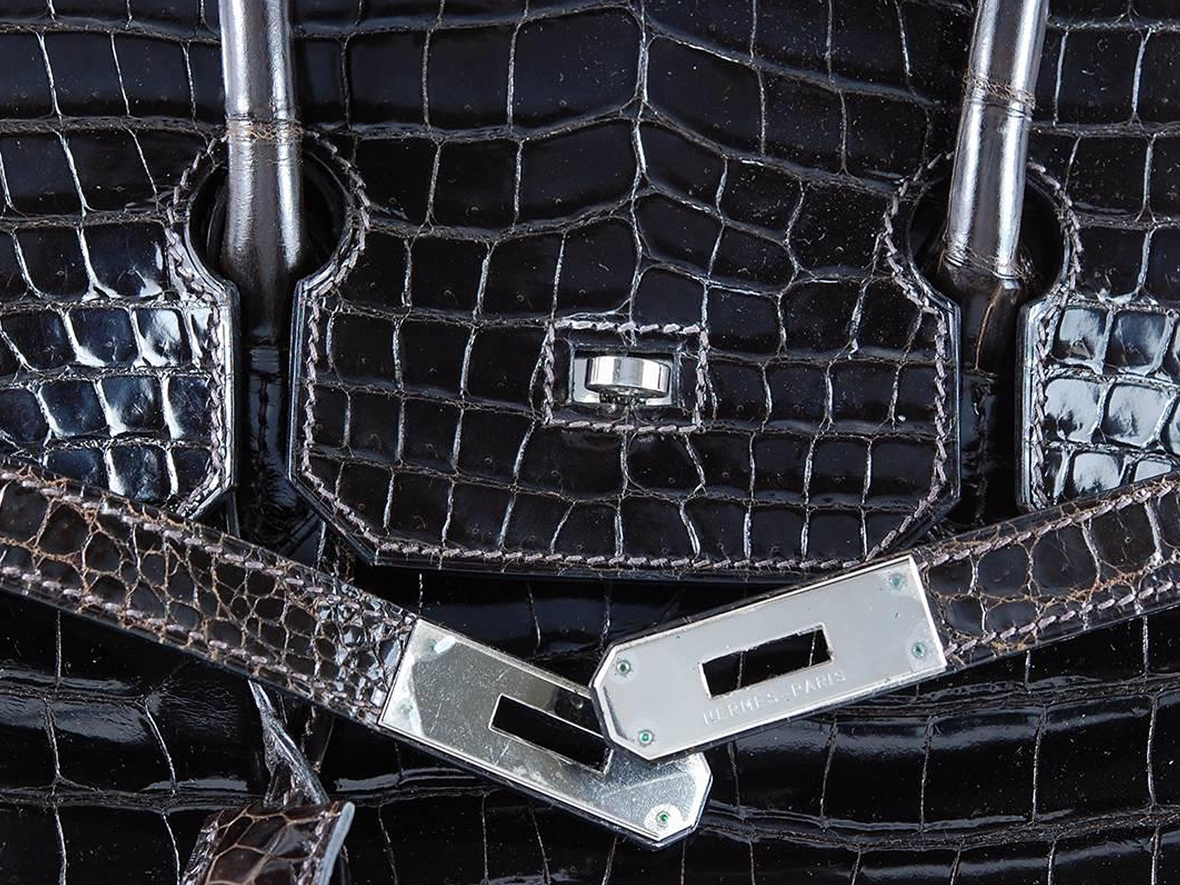 Hermes 35cm Crocodile Cacao Porosus Birkin Bag with Silver Hardware In Excellent Condition In Aventura, FL