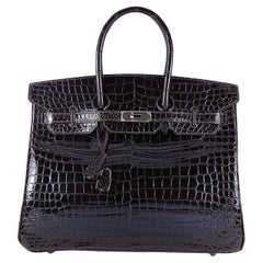 Hermes 35cm Krokodil Cacao Porosus Birkin Tasche mit silberner Hardware