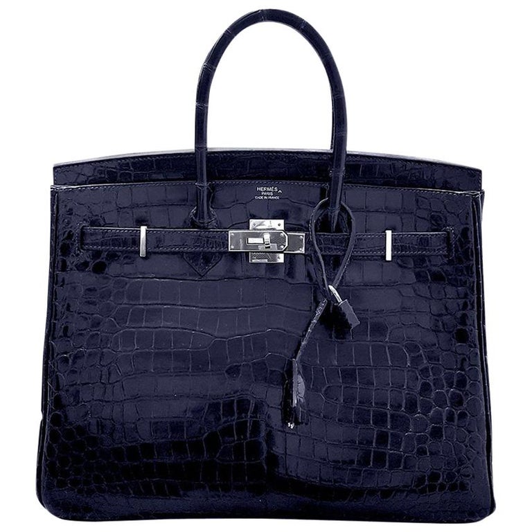 HERMES 35cm Dunkelblaue Birkin-Tasche aus Krokodil im Angebot bei 1stDibs