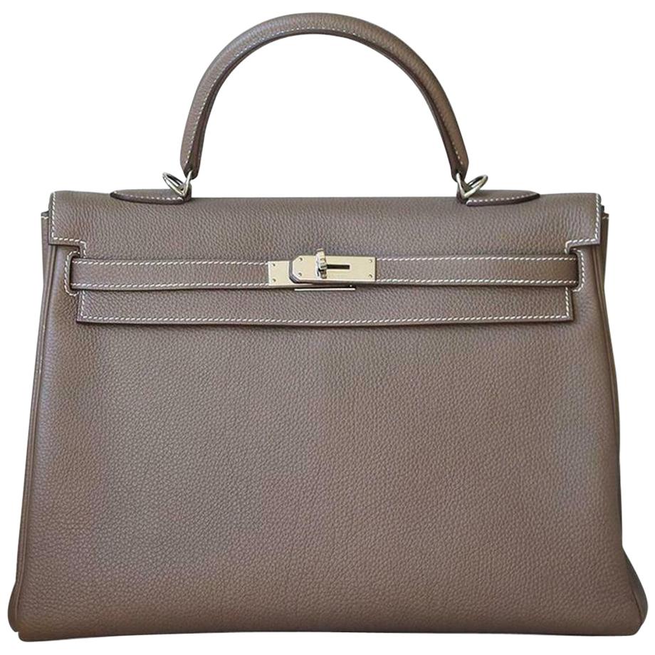 Hermès 35cm Etoupe Togo Palladium H/W Kelly Retourne Bag 