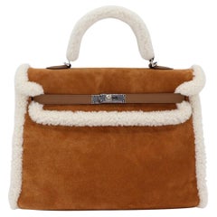 Hermès 35cm Kelly Teddy Shearling Chamois/Ecru/Alezan Suede Leather Palladium Ha