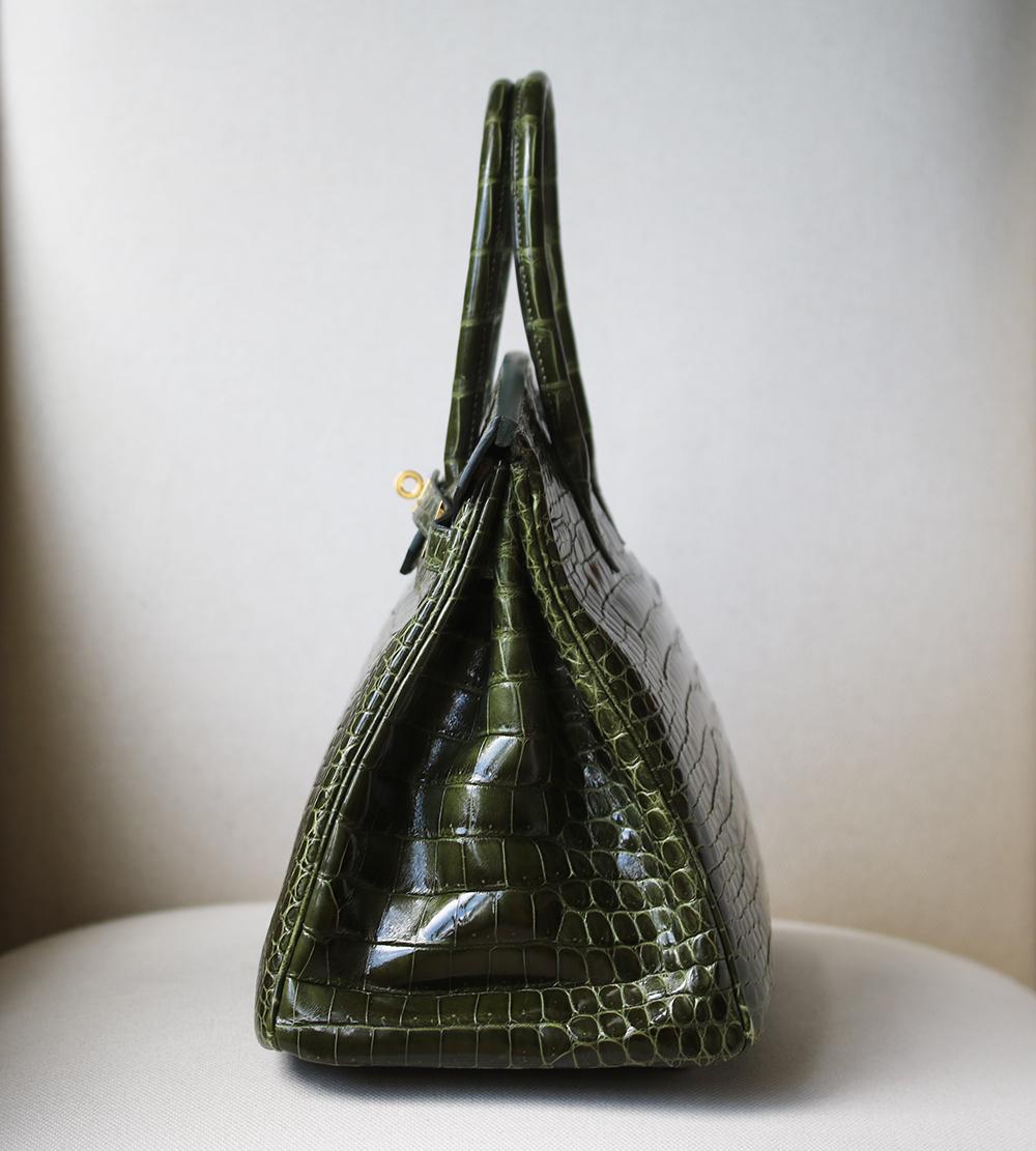 Black Hermès 35cm Vert Porosus Crocodile Gold H/W Birkin Bag