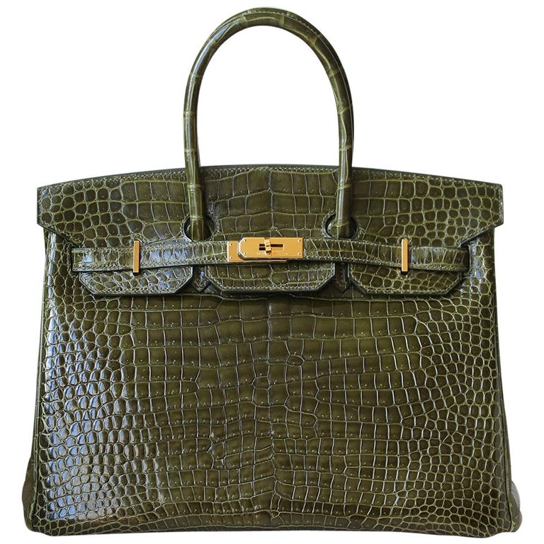 Hermès 35cm Vert Porosus Crocodile Gold H/W Birkin Bag at 1stDibs