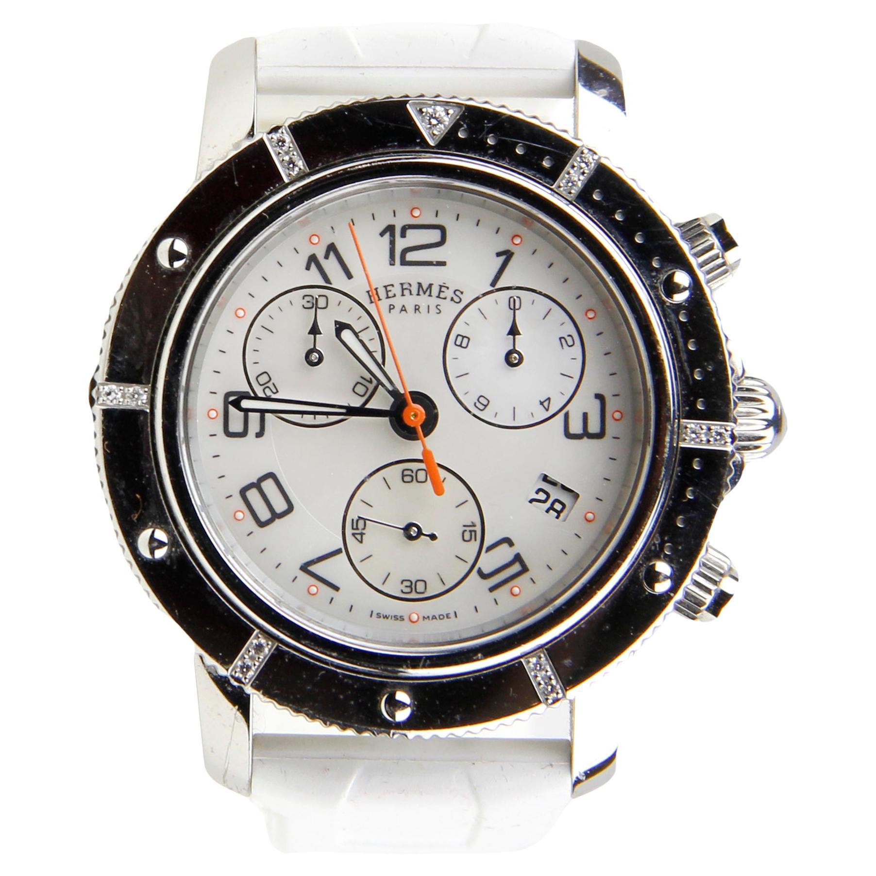 Hermes 36mm Quartz Clipper Watch w/ Diamonds & White Rubber Band For Sale