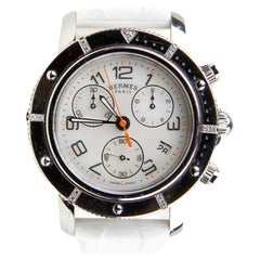 Hermes 36mm Quartz Clipper Watch w/ Diamonds & White Rubber Band
