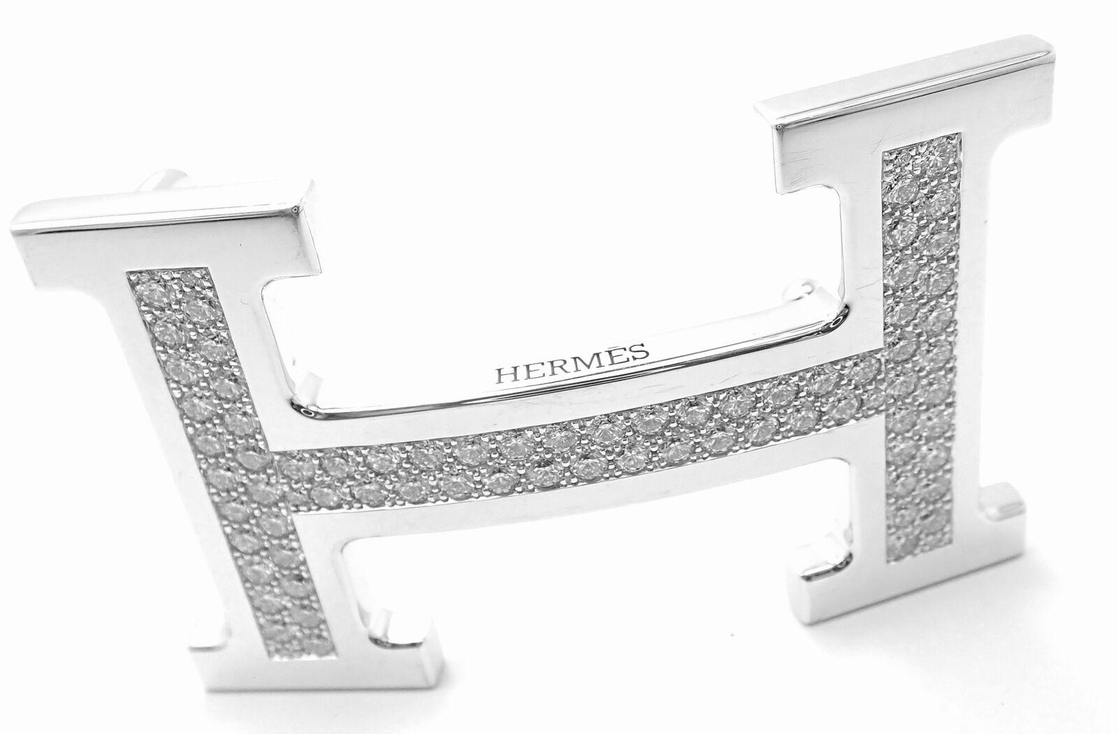 18k White Gold Large 3.79ct Diamond Belt Buckle With Reversible Belt by Hermes. 
With 77 Round brilliant cut diamonds VVS1 clarity, E color total weight 3.79ct
Details: 
Size:  Buckle: 61mm (2.4