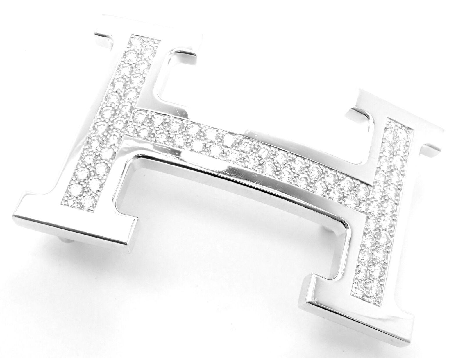 Brilliant Cut Hermes 3.79ct Diamond Large H White Gold Buckle with Reversible Belt For Sale