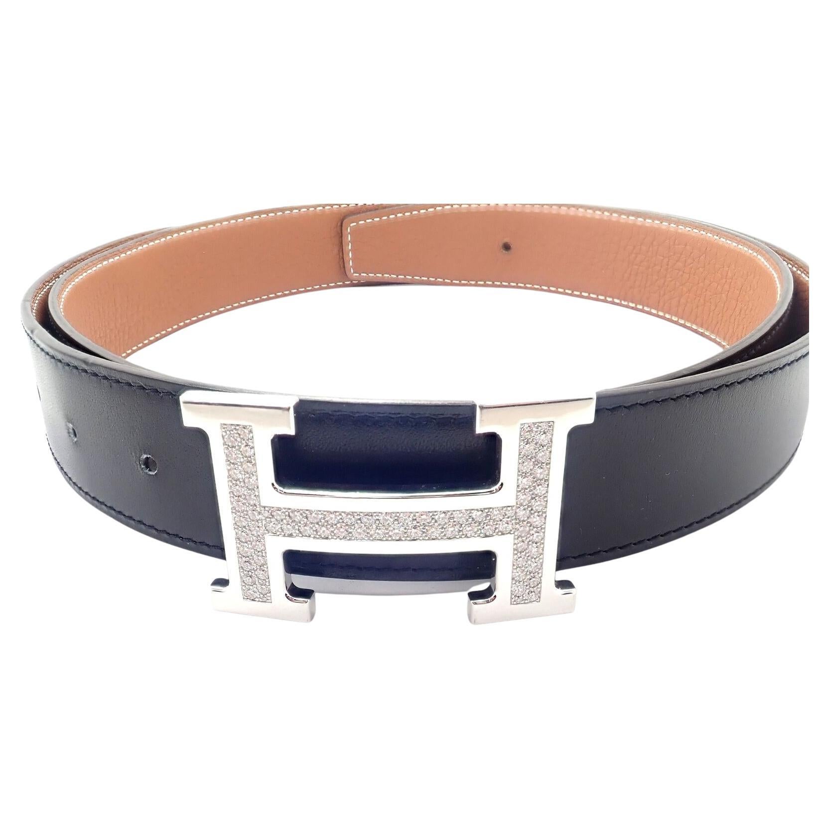 Hermes 3.79ct Diamond Large H White Gold Buckle with Reversible Belt For Sale