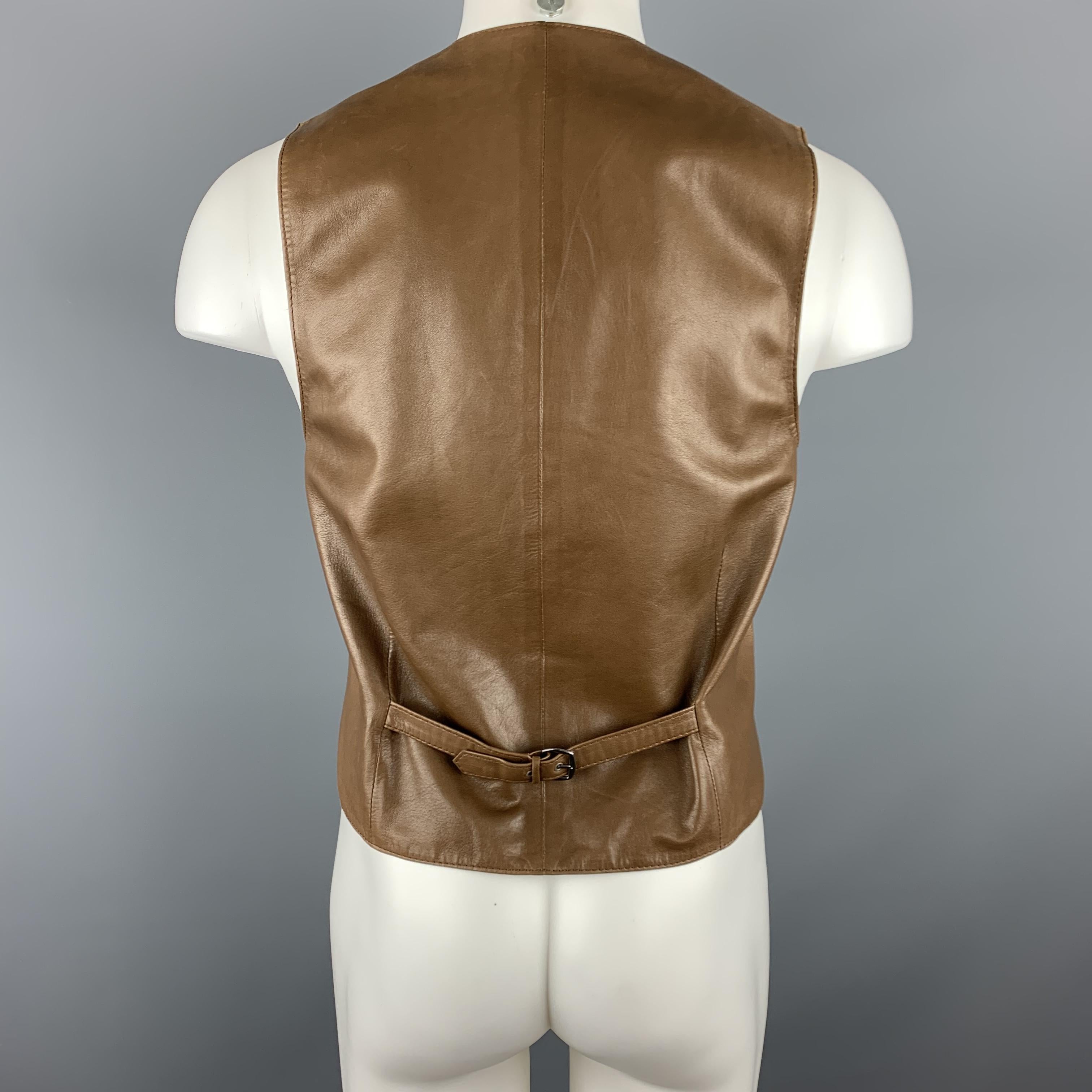 HERMES 38 Size S Tan Leather V-Neck Vest In Good Condition In San Francisco, CA