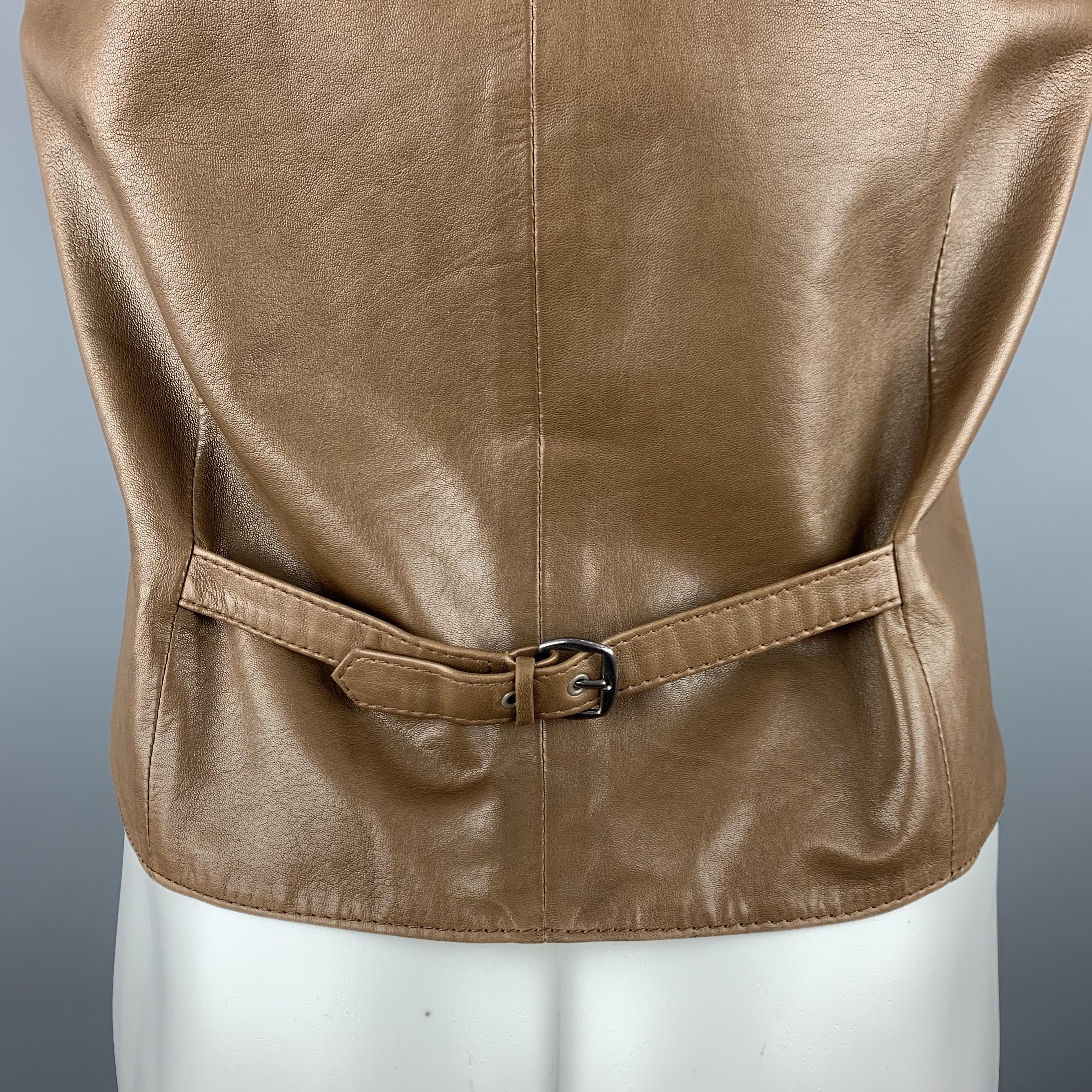 HERMES 38 Size S Tan Leather V-Neck Vest 1